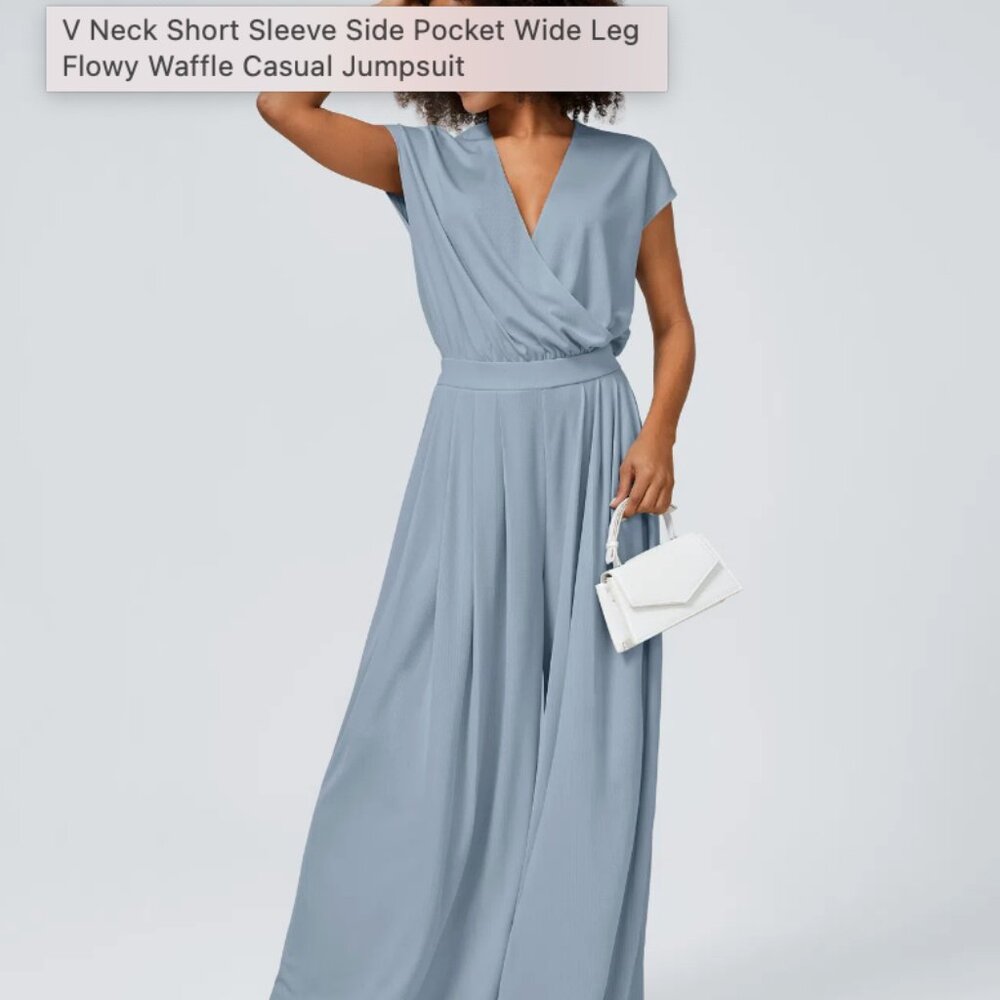 HALARA V Neck Short Sleeve Side Pocket Wide Leg Flowy Waffle Casual Jumpsuit